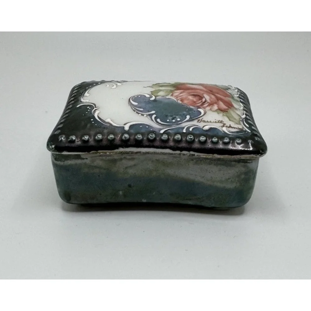 Vintage Porcelain Hand Painted Dresser Vanity Trinket Box Signed Blue Floral